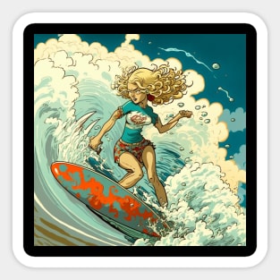 Extreme woman catching a wave on her surf board. Sticker